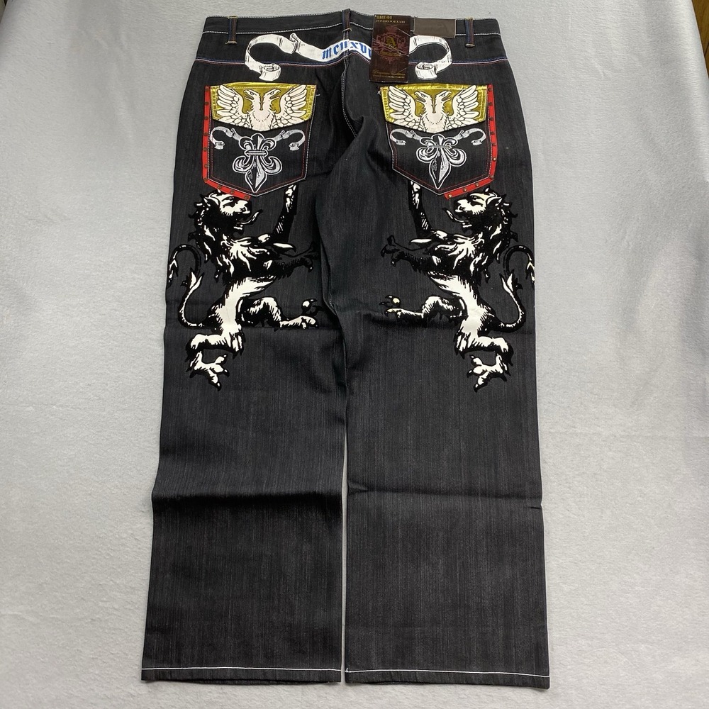 VTG Attitude Gold Jeans Mens 44x32 Black Baggy Wide Streetwear Skater Grunge Y2K